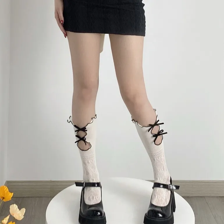 Black Ribbon & White Lace Socks