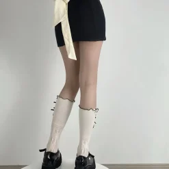Black Ribbon & White Lace Socks