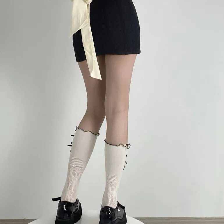 Black Ribbon & White Lace Socks