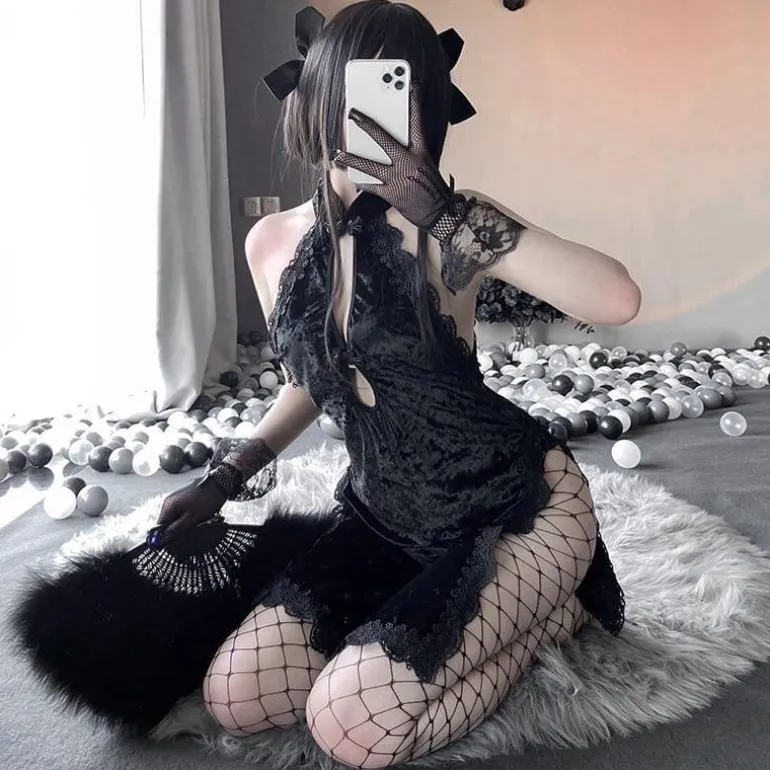 Black Velour Cheongsam Dress