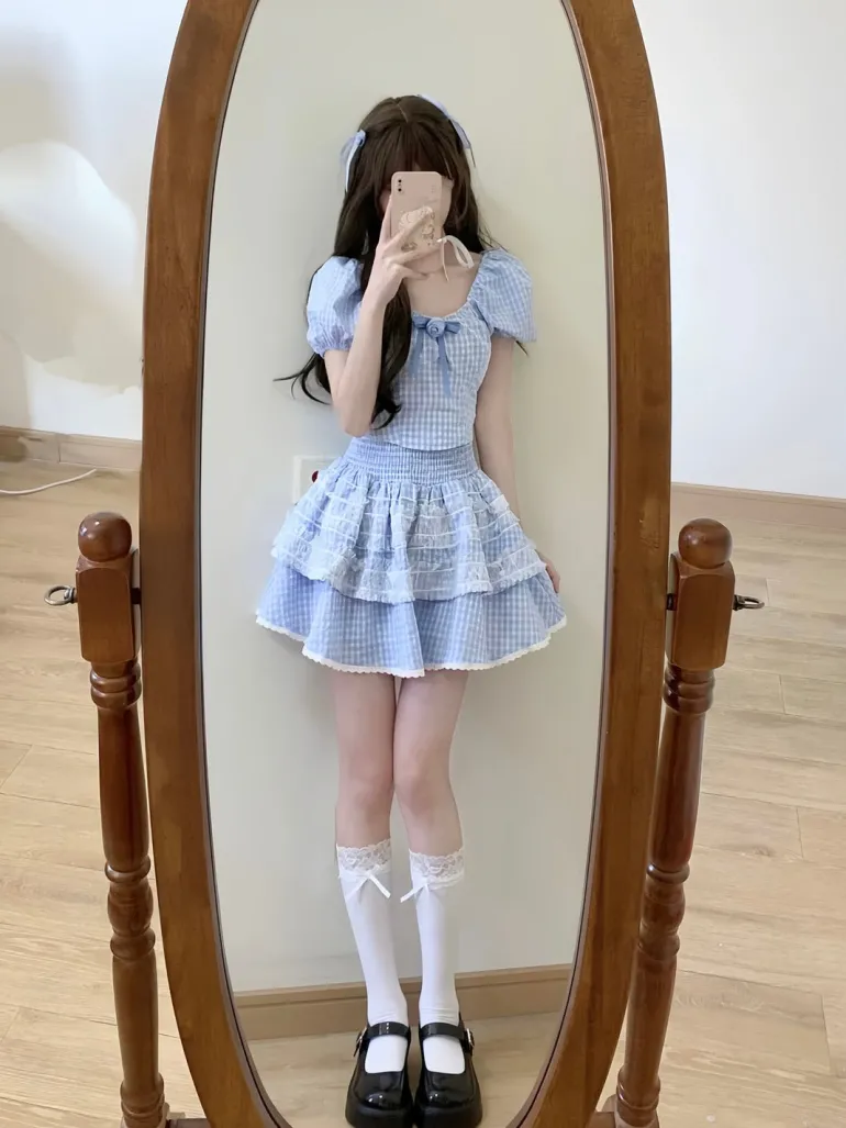 Blue Plaid Babydoll Outfit Set