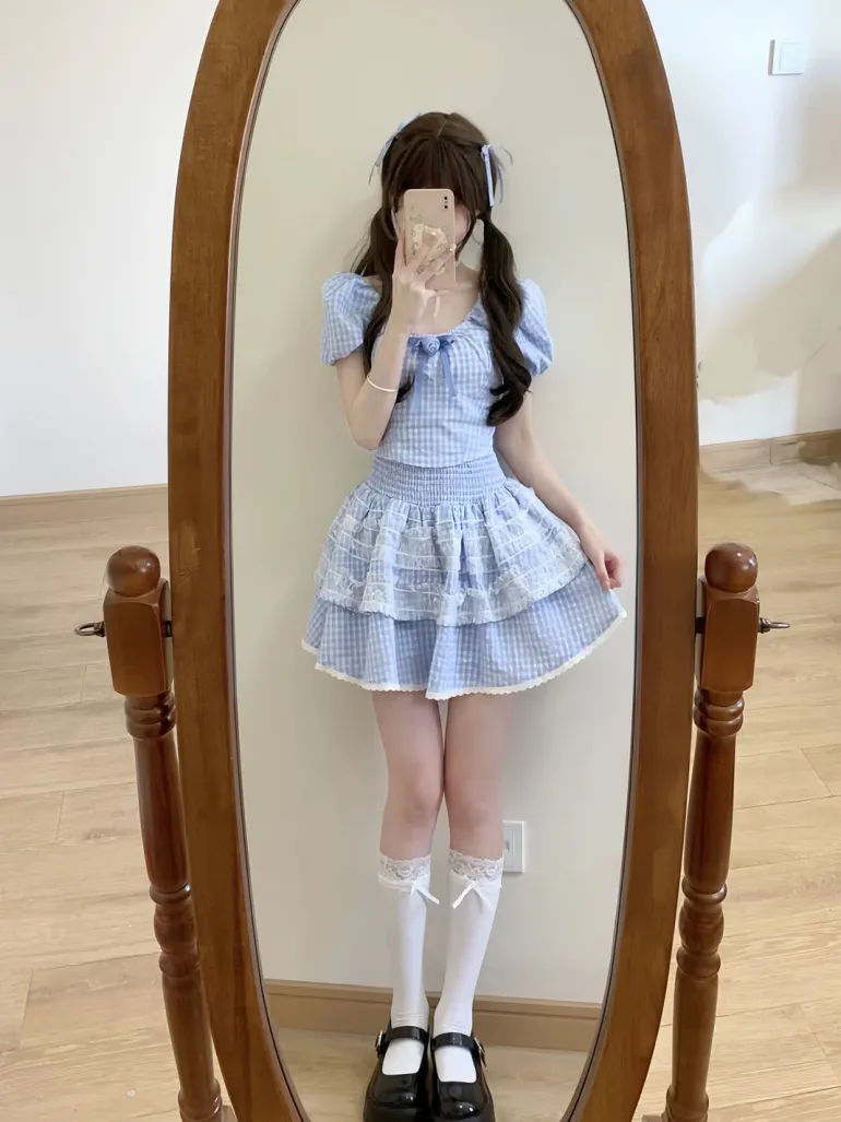 Blue Plaid Babydoll Outfit Set