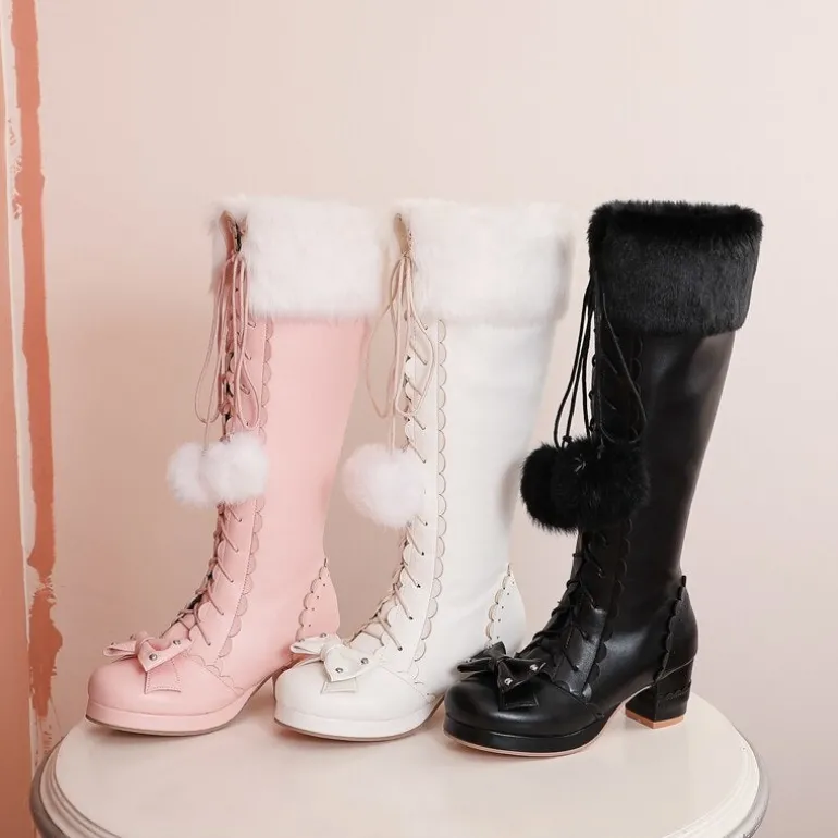 Bow Fur Knee High Boots
