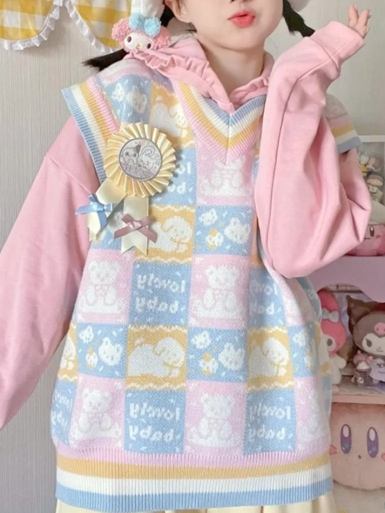 Checkered Bear Knit Vest