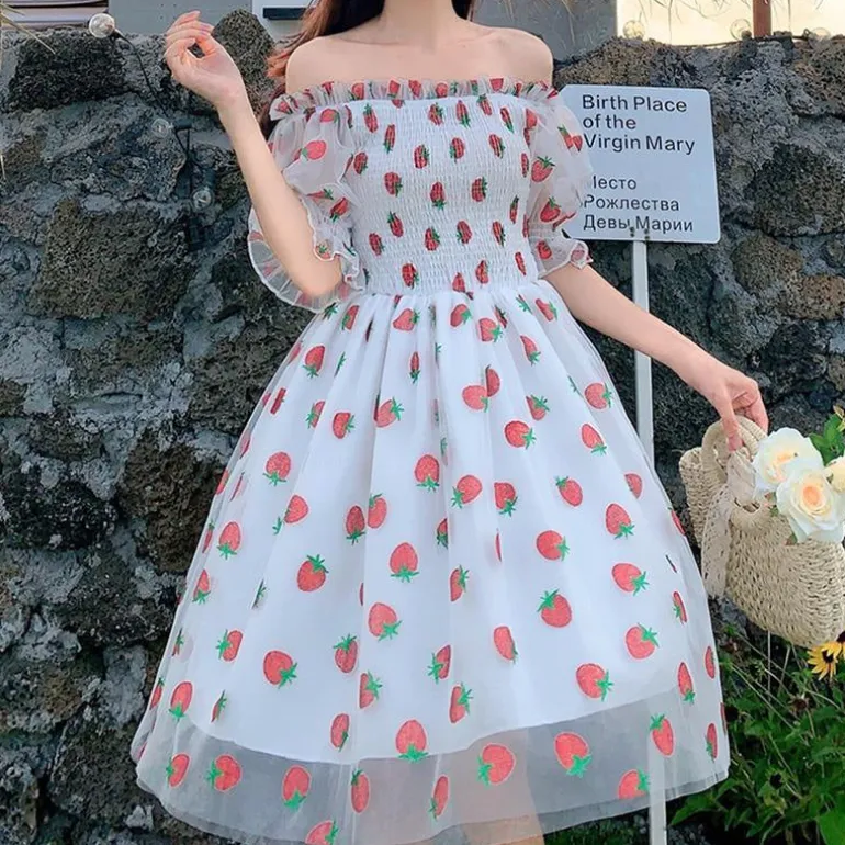 Chiffon Strawberry Puff Sleeve Dress