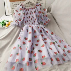 Chiffon Strawberry Puff Sleeve Dress