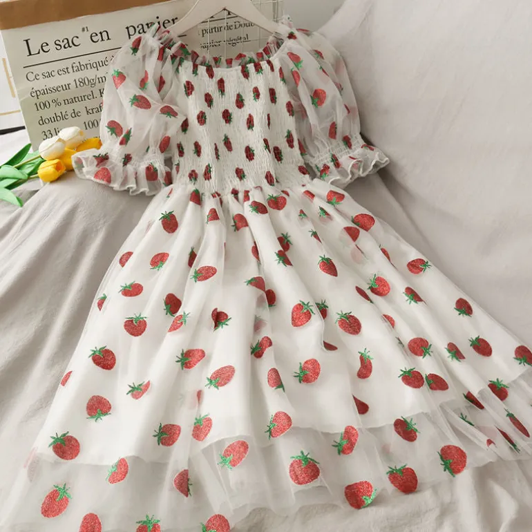 Chiffon Strawberry Puff Sleeve Dress