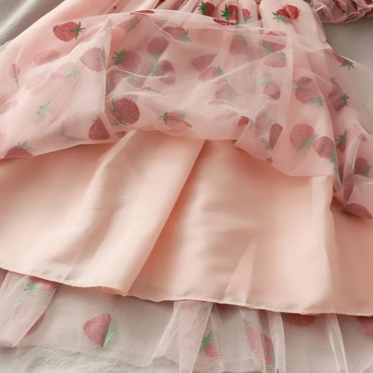 Chiffon Strawberry Puff Sleeve Dress