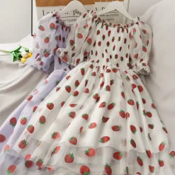 Chiffon Strawberry Puff Sleeve Dress