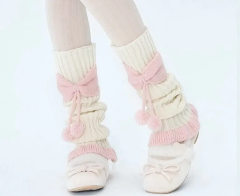 Cozy Pink Ribbed Bow Leg Warmers