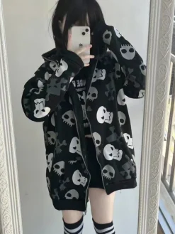 Cozy Skull Zip Up Oversized Hoodie