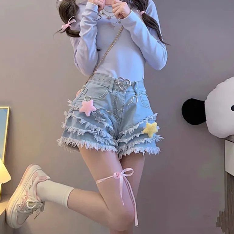 Frilly Denim Star Shorts And Chain