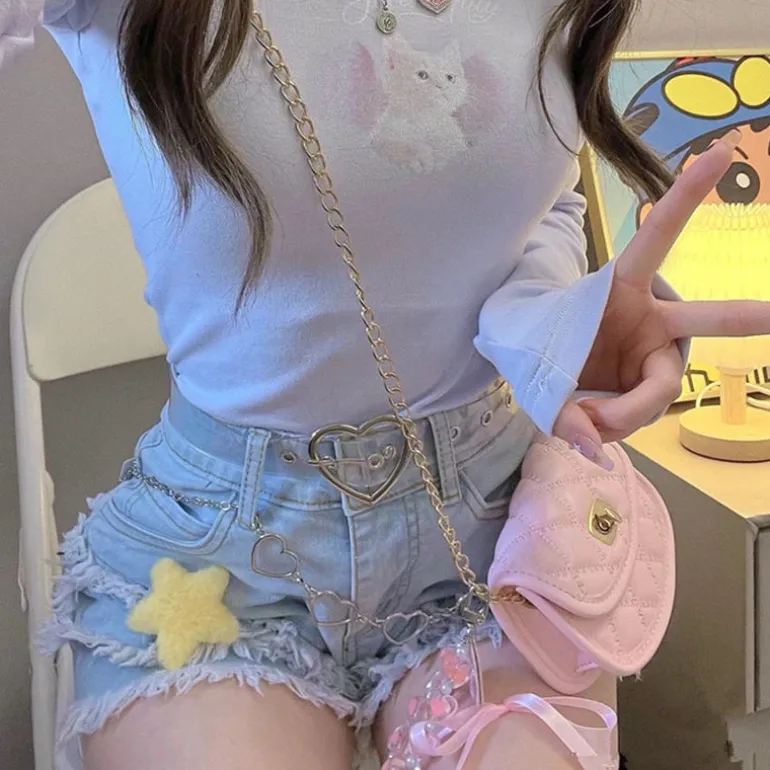 Frilly Denim Star Shorts And Chain