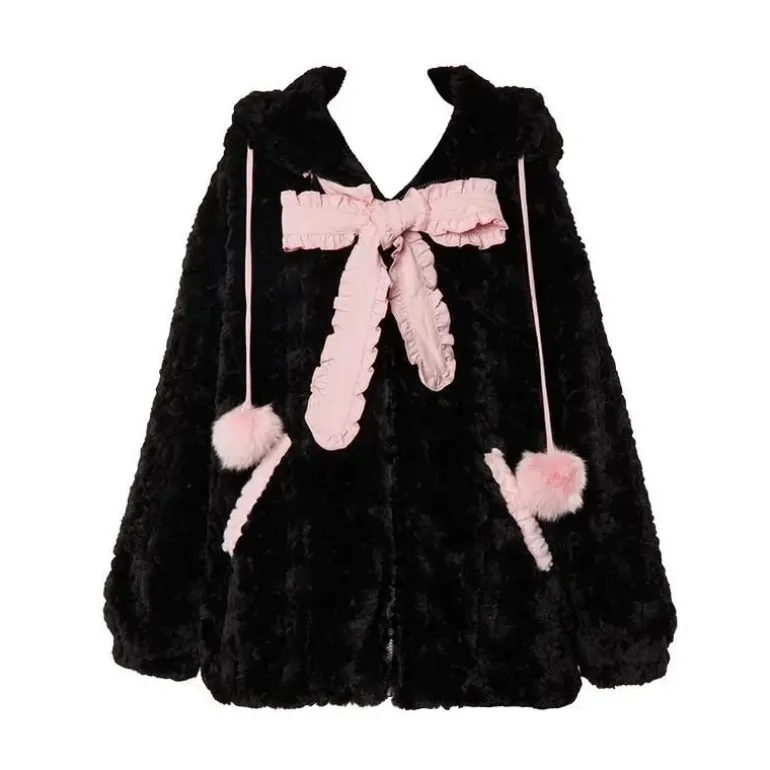 Fuzzy Neko Pompom Hooded Coat