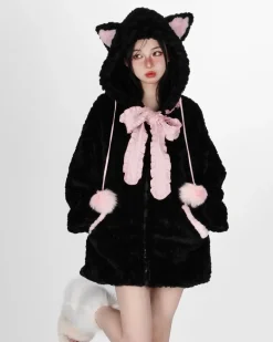 Fuzzy Neko Pompom Hooded Coat