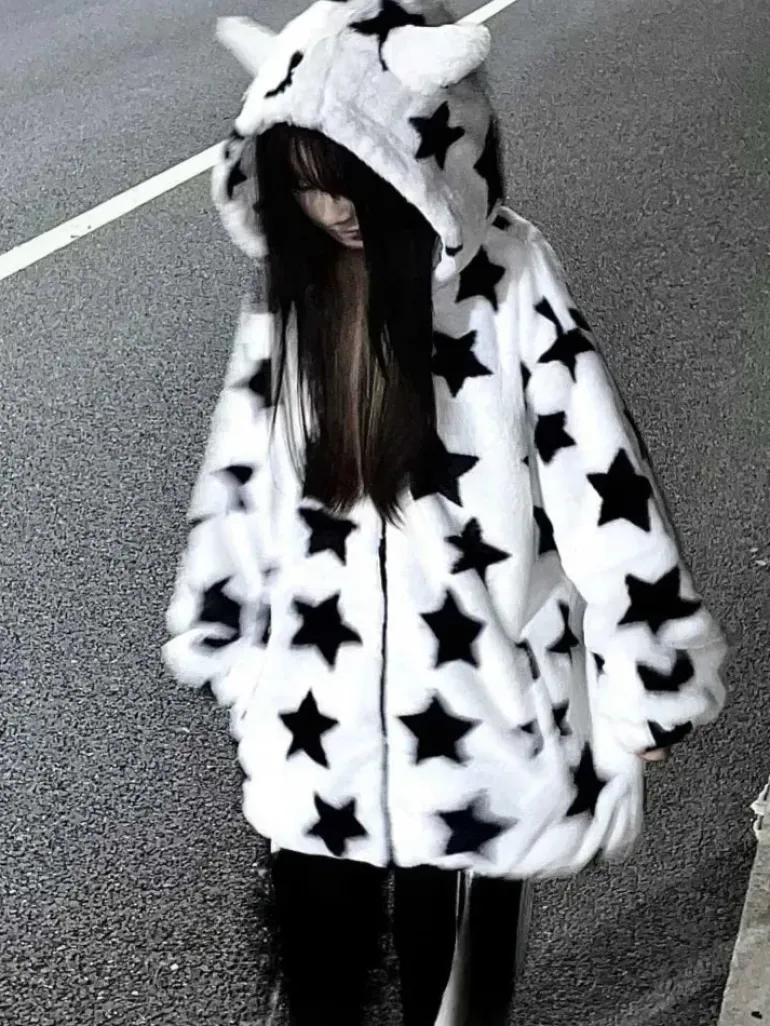 Fuzzy Star Oversized Zip Up Hoodie