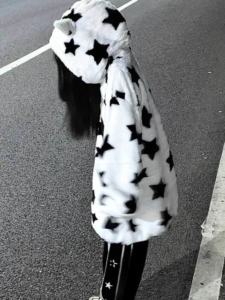 Fuzzy Star Oversized Zip Up Hoodie