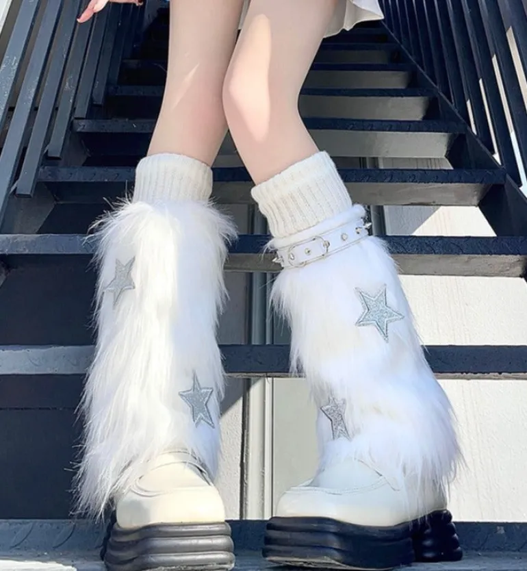 Fuzzy White Star Fur Leg Warmers
