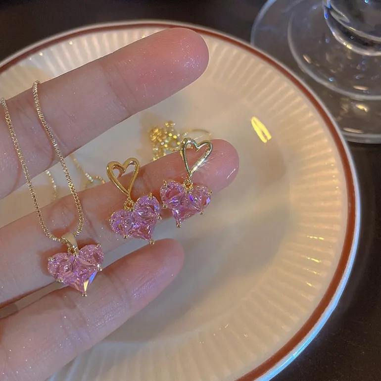Golden Pink Heart Jewelry Set