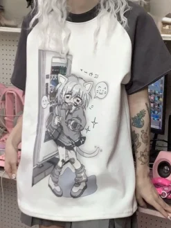Grey Neko Girl Detachable Sleeve Tee