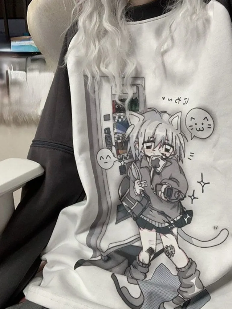 Grey Neko Girl Detachable Sleeve Tee