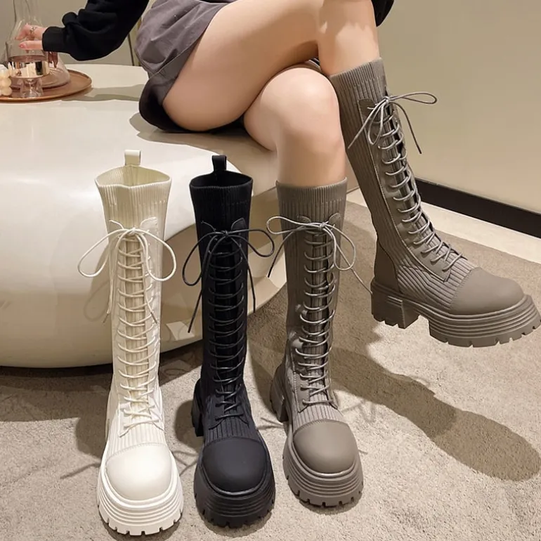Knit Platform Knee High Boots
