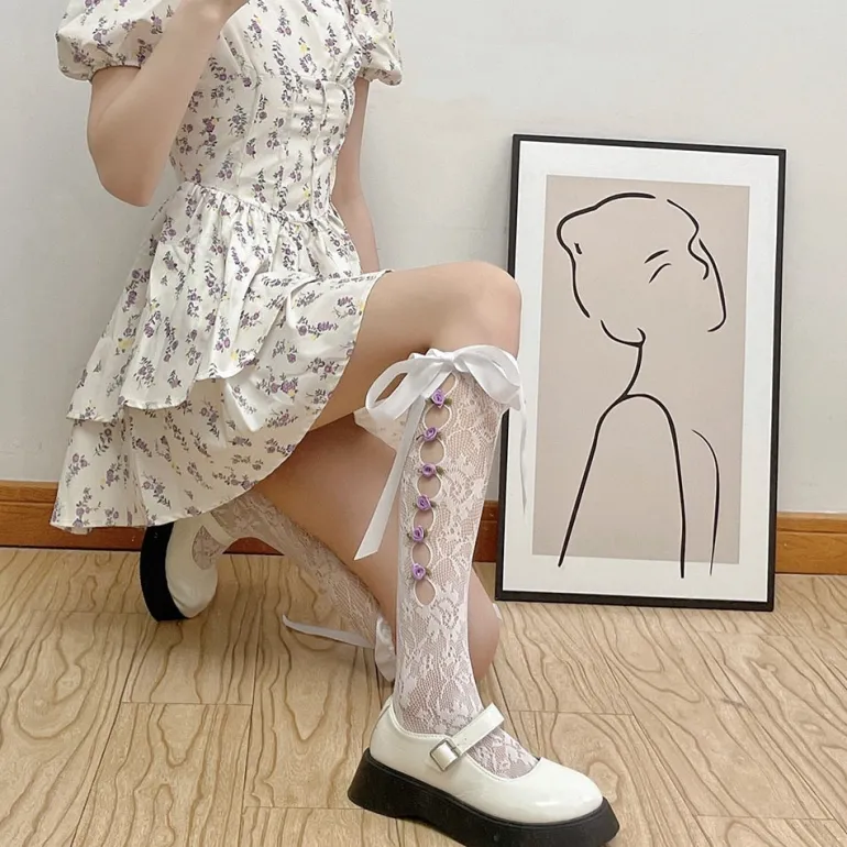 Lace Ribbon & Rosebud Stockings