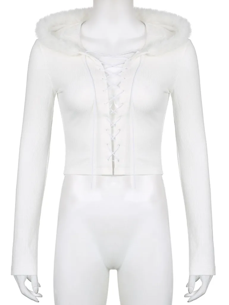 Lace Up Fur Hooded Cardigan
