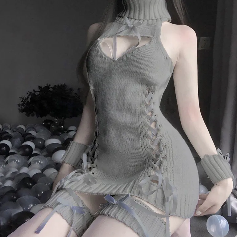Lace Up Knit Sweater Dress