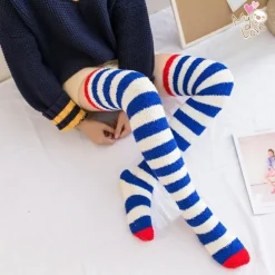 Navy Striped Fuzzy Thigh Highs