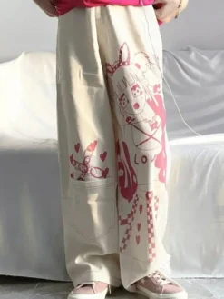 Pink Anime Print Baggy Pants