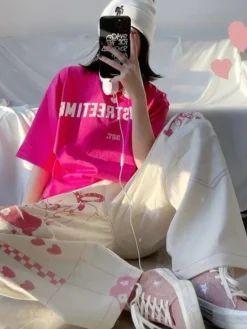 Pink Anime Print Baggy Pants