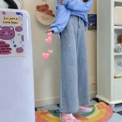 Pink Heart Embroidered Jeans