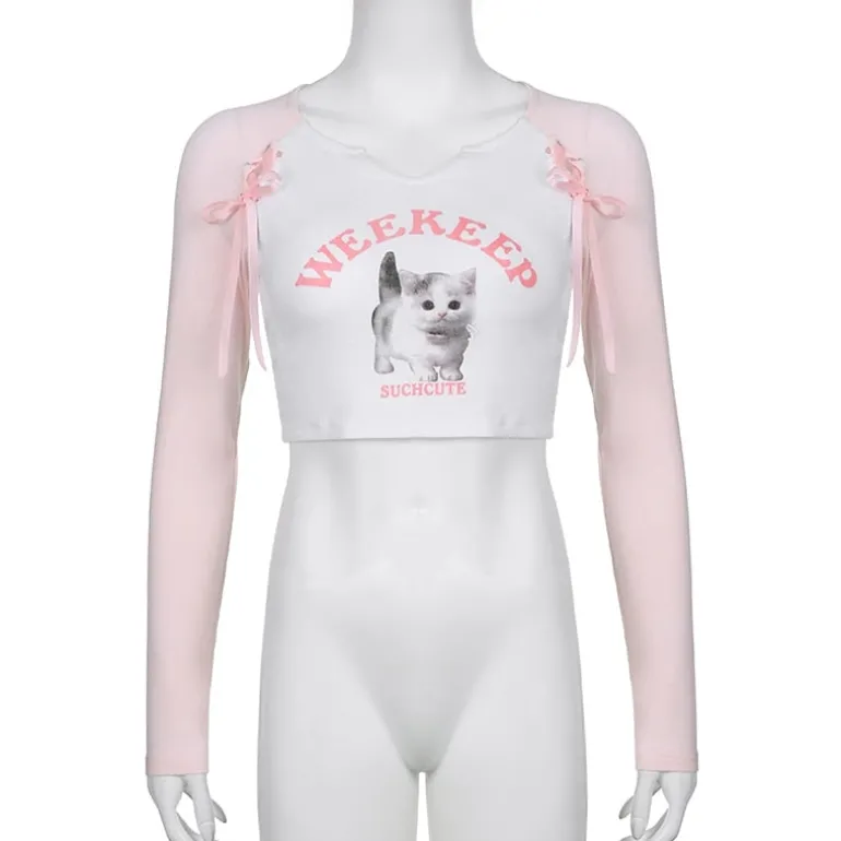 Pink Kitten Long Sleeve Crop Top
