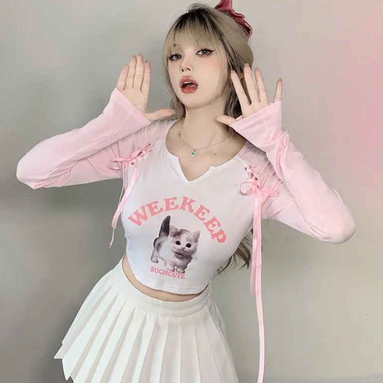 Pink Kitten Long Sleeve Crop Top