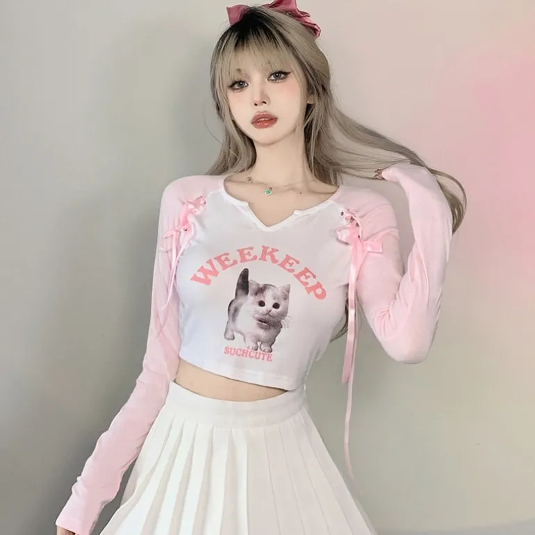 Pink Kitten Long Sleeve Crop Top