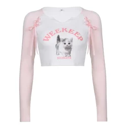 Pink Kitten Long Sleeve Crop Top