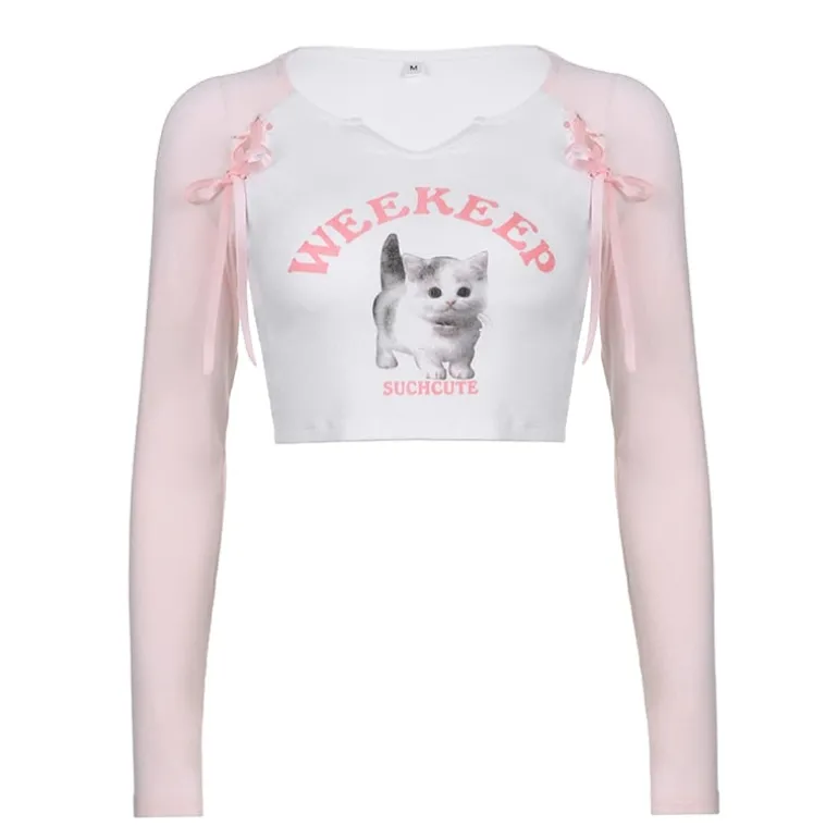 Pink Kitten Long Sleeve Crop Top