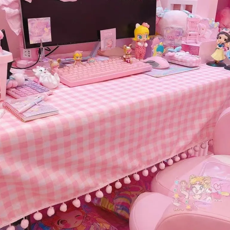 Pink Plaid Pompom Desk Tablecloth