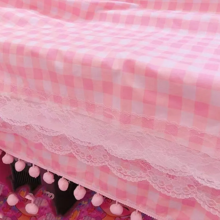 Pink Plaid Pompom Desk Tablecloth