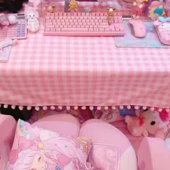 Pink Plaid Pompom Desk Tablecloth