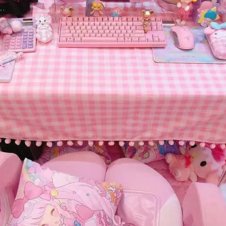 Pink Plaid Pompom Desk Tablecloth