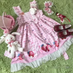 Plaid Strawberry Bunny Princess Dress