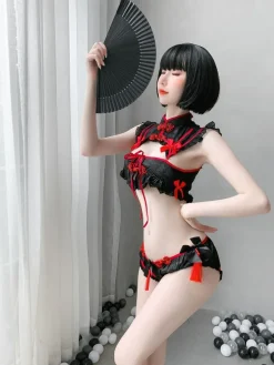 Red Black Cheongsam Lingerie Set
