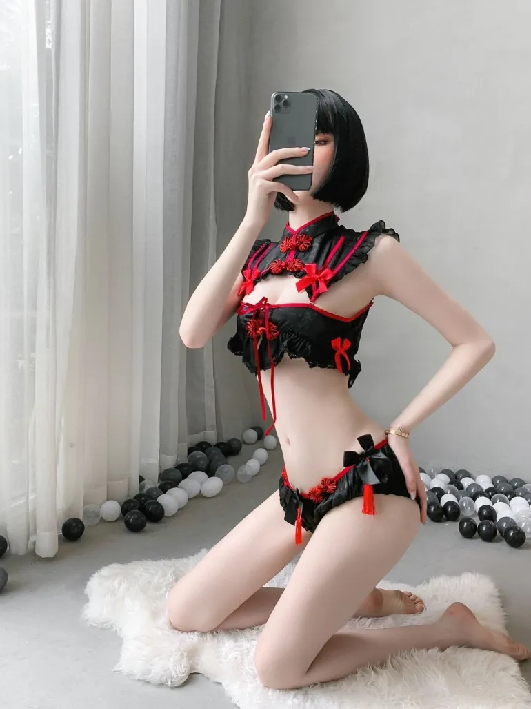 Red Black Cheongsam Lingerie Set