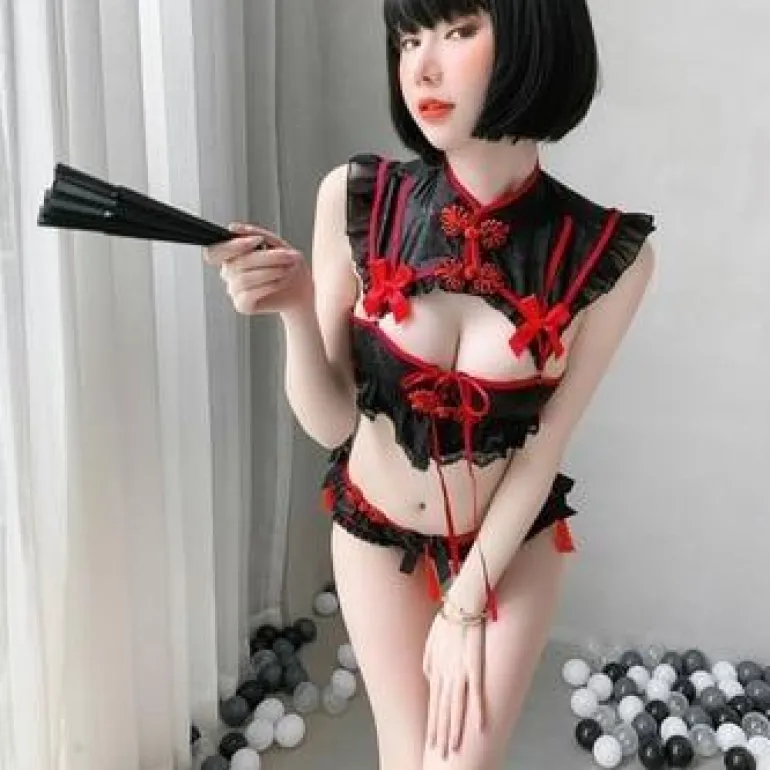 Red Black Cheongsam Lingerie Set