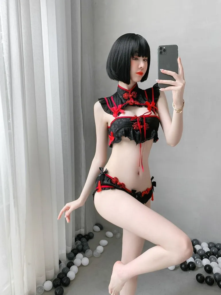 Red Black Cheongsam Lingerie Set