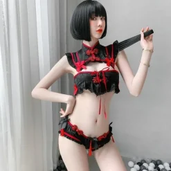 Red Black Cheongsam Lingerie Set
