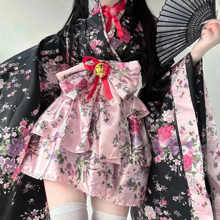 Traditional Japanese Pink & Black Kimono Dress