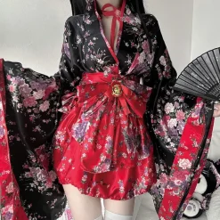 Traditional Japanese Pink & Black Kimono Dress